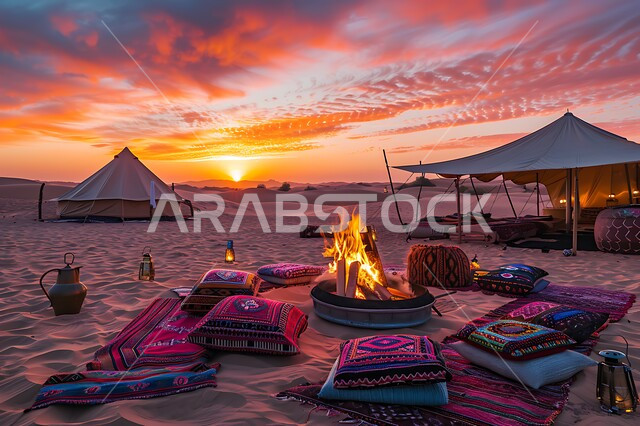 خيام تقليدية على الرمال الذهبية الناعمة في الصحراء، الجلسات الشعبية الهادئة أمام شعلة الحطب, أجواء شتوية وتخييم في المناطق الصحراوية, مناطق المغامرات الشبابية ورحلات السفاري الممتعة, منظر السماء أثناء الغروب, مخيمات سياحية في صحاري المملكة العربية السعودية