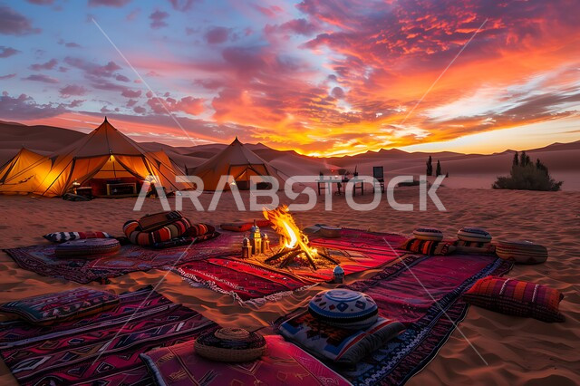 خيام تقليدية على الرمال الذهبية الناعمة في الصحراء، الجلسات الشعبية الهادئة أمام شعلة الحطب, أجواء شتوية وتخييم في المناطق الصحراوية, مناطق المغامرات الشبابية ورحلات السفاري الممتعة, منظر السماء أثناء الغروب, مخيمات سياحية في صحاري المملكة العربية السعودية
