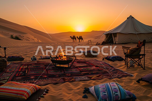 الجلسات الشعبية الهادئة أمام شعلة النار, أجواء شتوية وتخييم في المناطق الصحراوية, مناطق المغامرات الشبابية ورحلات السفاري الممتعة, الجمال العربية الأصيلة في صحاري المملكة العربية السعودية, خيام تقليدية على الرمال الذهبية الناعمة في الصحراء