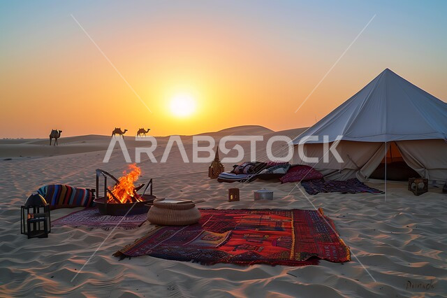 خيام تقليدية على الرمال الذهبية الناعمة في الصحراء، الجلسات الشعبية الهادئة أمام شعلة الحطب, أجواء شتوية وتخييم في المناطق الصحراوية, مناطق المغامرات الشبابية ورحلات السفاري الممتعة, الجمال العربية الأصيلة تسير في صحاري المملكة العربية السعودية