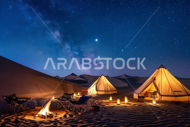 جلسة شعبية وكشتات بر ممتعه, خيم تقليدية في المناطق الصحراوية, مخيمات السياحة في صحاري المملكة, المناظر الطبيعية والسماء المليئة بالنجوم, الاستمتاع بالرحلات الشبابية الشيقة, مغامرات سياحية ليلية, الفوانيس المعدنية المتوهجة على الرمال الذهبية الناعمة