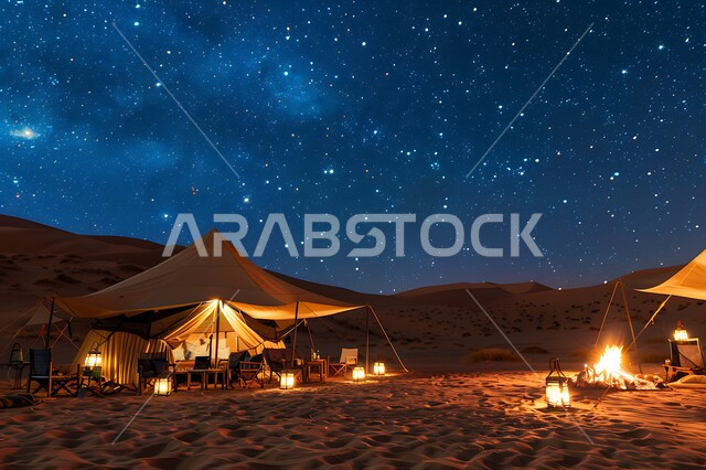المناظر الطبيعية والسماء المليئة بالنجوم ليلا, الاستمتاع بالرحلات الشبابية الشيقة, مغامرات سياحية ليلية, الفوانيس المعدنية المتوهجة على الرمال الذهبية الناعمة في السعودية, جلسة شعبية وكشتات بر, خيم تقليدية في المناطق الصحراوية, مخيمات السياحة في صحاري المملكة