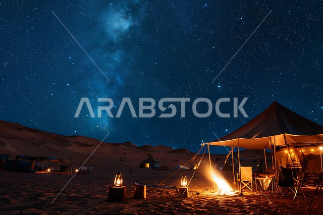 المغامرات والكشتات البرية، أجواء التخييم الشبابية الممتعه، خيام شعبية في المناطق الصحراوية، الطبيعة والرمال الذهبية الناعمة، أجواء ليلية هادئة أمام شعلة الحطب, مخيمات سياحية في صحاري المملكة العربية السعودية