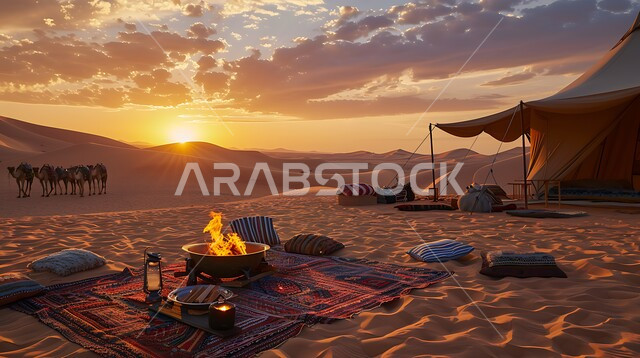 الجلسات الشعبية الهادئة أمام شعلة النار, أجواء شتوية وتخييم في المناطق الصحراوية, مناطق المغامرات الشبابية ورحلات السفاري الممتعة, الجمال العربية الأصيلة في صحاري المملكة العربية السعودية, خيام تقليدية على الرمال الذهبية الناعمة في الصحراء