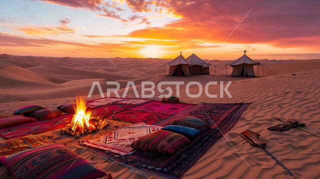 خيام تقليدية على الرمال الذهبية الناعمة في الصحراء، الجلسات الشعبية الهادئة أمام شعلة الحطب, أجواء شتوية وتخييم في المناطق الصحراوية, مناطق المغامرات الشبابية ورحلات السفاري الممتعة, منظر السماء أثناء الغروب, مخيمات سياحية في صحاري المملكة العربية السعودية
