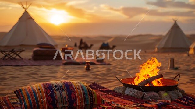 الأجواء الشتوية الهادئة, خيمة بدوية شعبية وسط الصحراء، التضاريس والرمال الذهبية الناعمة وقت غروب الشمس، مخيمات سياحية في المناطق البرية، كشتة و جلسة بر شبابية أمام شعلة الحطب، التخييم في صحاري السعودية، الجمال العربية الاصيلة
