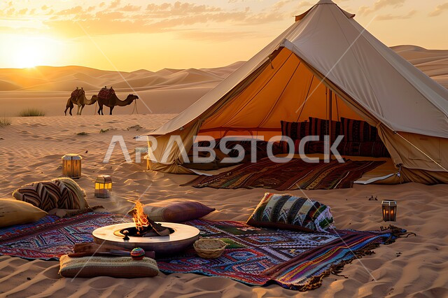 الأجواء الشتوية الهادئة, خيمة بدوية شعبية وسط الصحراء، التضاريس والرمال الذهبية الناعمة وقت غروب الشمس، مخيمات سياحية في المناطق البرية، كشتة و جلسة بر شبابية أمام شعلة الحطب، التخييم في صحاري السعودية، الجمال العربية الاصيلة
