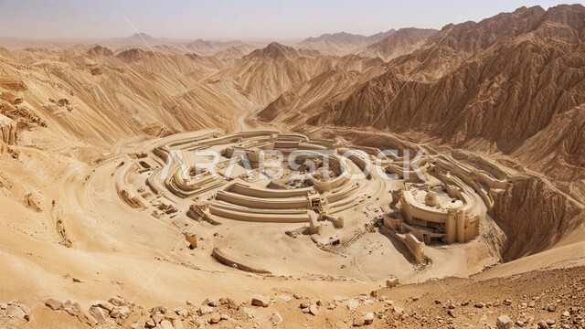 Areas of exploration for raw underground resources, locations of natural gold mines, rocky nature and terrain of mountain ranges, heights and mountain peaks in the Kingdom of Saudi Arabia, a number of cars and heavy machinery digging and working at the mining site, transporting soil by trucks