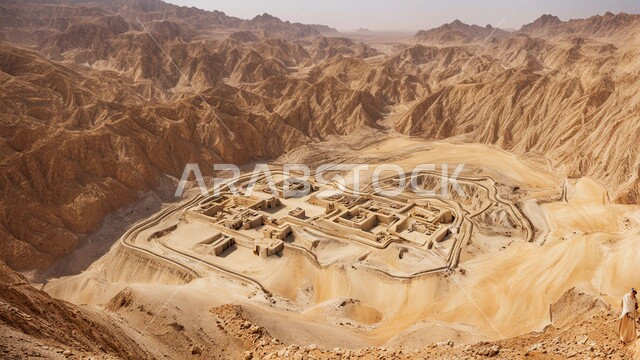 Areas of exploration for raw underground resources, locations of natural gold mines, rocky nature and terrain of mountain ranges, heights and mountain peaks in the Kingdom of Saudi Arabia, a number of cars and heavy machinery digging and working at the mining site, transporting soil by trucks