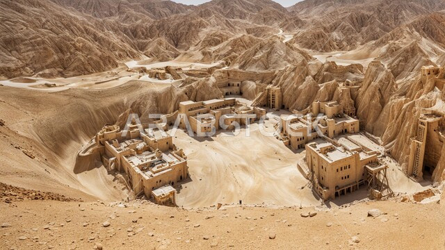 مناطق التنقيب عن الثروات الباطنية الخام، أماكن مناجم الذهبالطبيعي، الطبيعة الصخرية وتضاريس السلاسل الجبلية، المرتفعات وقمم الجبال في المملكة العربية السعودية، عدد من السيارات والآليات الثقيلة تقوم بالحفر والعمل في موقع التعدين، نقل الأتربة بواسطة الشاحنات