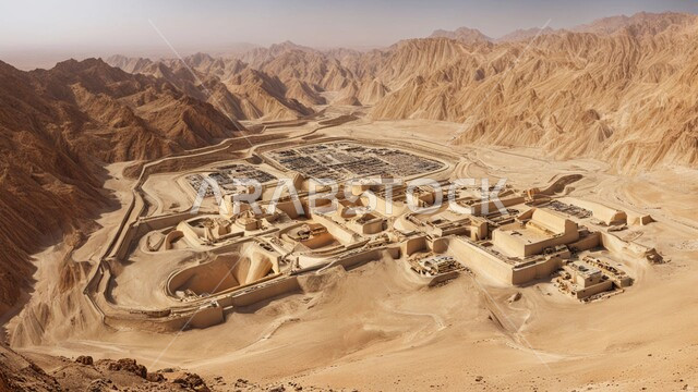 مناطق التنقيب عن الثروات الباطنية الخام، أماكن مناجم الذهبالطبيعي، الطبيعة الصخرية وتضاريس السلاسل الجبلية، المرتفعات وقمم الجبال في المملكة العربية السعودية، عدد من السيارات والآليات الثقيلة تقوم بالحفر والعمل في موقع التعدين، نقل الأتربة بواسطة الشاحنات
