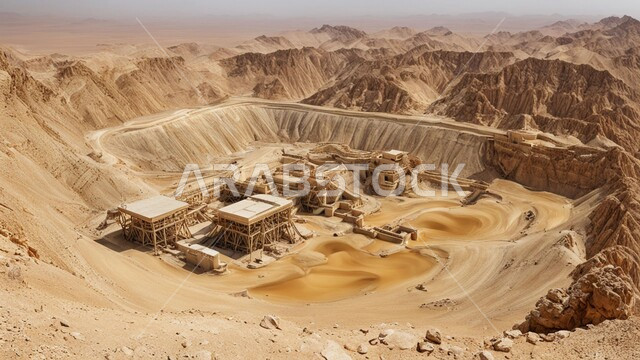 مناطق التنقيب عن الثروات الباطنية الخام، أماكن مناجم الذهبالطبيعي، الطبيعة الصخرية وتضاريس السلاسل الجبلية، المرتفعات وقمم الجبال في المملكة العربية السعودية، عدد من السيارات والآليات الثقيلة تقوم بالحفر والعمل في موقع التعدين، نقل الأتربة بواسطة الشاحنات