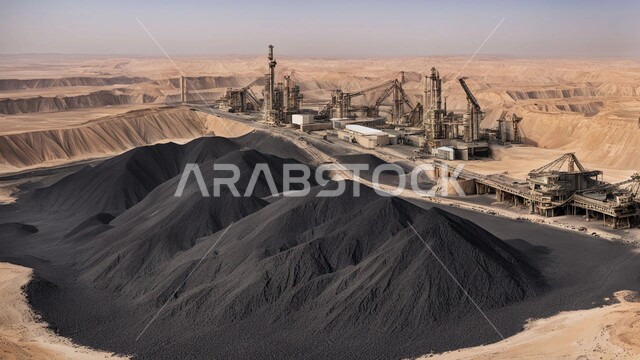 أماكن مناجم الفحم الطبيعي، مناطق التنقيب عن الثروات الباطنية، الطبيعة الصخرية وتضاريس السلاسل الجبلية، المرتفعات وقمم الجبال في المملكة العربية السعودية، مجموعة من سيارات الشحن الكبيرة تقوم بالعمل في موقع التعدين، التخلص من الأتربة والصخور ونقلها بعيدا