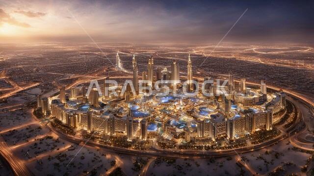 بناء مستقبل حضاري متطور في مدينة دبي، المباني والمنشآت التجارية الحديثة، مفهوم تطوير وتحسين البنية التحتية، منظر تخيلي للتقدم والنمو العمراني، التصاميم والفنون المعمارية للأبراج وناطحات السحاب في الامارات العربية المتحدة