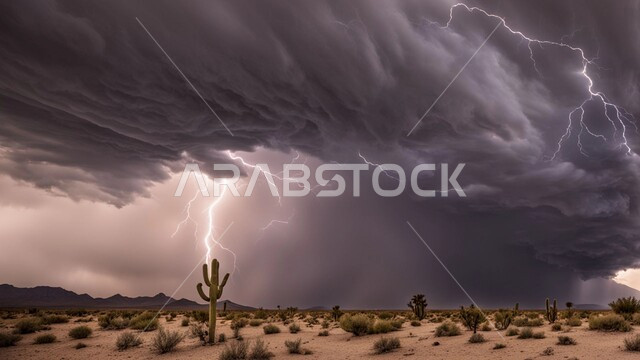 منظر الزوابع الغبارية القوية والبرق في الصحاري، الظواهر والكوارث الطبيعية، منظر الإعصار الهوائي في الصحراء, رياح ترابية في المناطق الصحراوية, الكثبان والرمال الذهبية الناعمة، التشكيلات والتكوينات الرملية في المملكة العربية السعودية, النباتات والشوكيات البرية