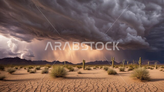 منظر الزوابع الغبارية القوية والبرق في الصحاري، الظواهر والكوارث الطبيعية، منظر الإعصار الهوائي في الصحراء, رياح ترابية في المناطق الصحراوية, الكثبان والرمال الذهبية الناعمة، التشكيلات والتكوينات الرملية في المملكة العربية السعودية, النباتات والشوكيات البرية