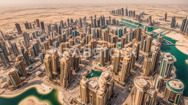 تحسين وتطوير البنية التحتية، الفنون والتصاميم المعمارية الحديثة للأبراج وناطحات السحاب في الامارات العربية المتحدة، بناء مستقبل حضاري متطور في دبي، منظر تخيلي مستقبلي للتقدم والنمو العمراني، المباني والمنشآت التجارية الشاهقة المطلة على البحر
