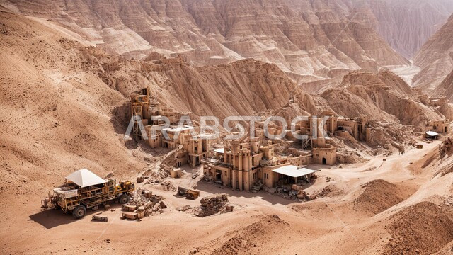 مناطق التنقيب عن الثروات الباطنية الخام، أماكن مناجم الفحم الطبيعي، الطبيعة الصخرية وتضاريس السلاسل الجبلية، المرتفعات وقمم الجبال في المملكة العربية السعودية، عدد من السيارات والآليات الثقيلة تقوم بالحفر والعمل في موقع التعدين، نقل الأتربة بواسطة الشاحنات