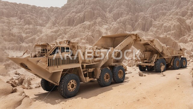 مناطق التنقيب عن الثروات الباطنية الخام، أماكن مناجم الفحم الطبيعي، الطبيعة الصخرية وتضاريس السلاسل الجبلية، المرتفعات وقمم الجبال في المملكة العربية السعودية، عدد من السيارات والآليات الثقيلة تقوم بالحفر والعمل في موقع التعدين، نقل الأتربة بواسطة الشاحنات