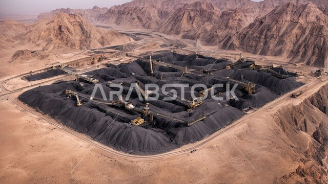 أماكن مناجم الفحم الطبيعي، مناطق التنقيب عن الثروات الباطنية، الطبيعة الصخرية وتضاريس السلاسل الجبلية، المرتفعات وقمم الجبال في المملكة العربية السعودية، مجموعة من سيارات الشحن الكبيرة تقوم بالعمل في موقع التعدين، التخلص من الأتربة والصخور ونقلها بعيدا