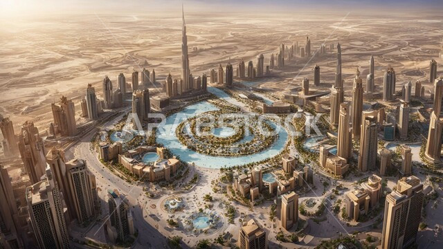 مفهوم تطوير وتحسين البنية التحتية، بناء مستقبل حضاري متطور في مدينة دبي، المباني والمنشآت التجارية الحديثة، منظر تخيلي للتقدم والنمو العمراني، التصاميم والفنون المعمارية للأبراج وناطحات السحاب في الامارات العربية المتحدة