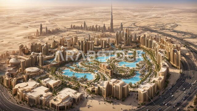 The concept of developing and improving infrastructure, building a developed civilized future in the city of Dubai, modern commercial buildings and facilities, an imaginary view of urban progress and growth, designs and architectural arts of towers and skyscrapers in the United Arab Emirates