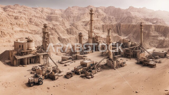 مناطق التنقيب عن الثروات الباطنية الخام، أماكن مناجم الفحم الطبيعي، الطبيعة الصخرية وتضاريس السلاسل الجبلية، المرتفعات وقمم الجبال في المملكة العربية السعودية، عدد من السيارات والآليات الثقيلة تقوم بالحفر والعمل في موقع التعدين، نقل الأتربة بواسطة الشاحنات