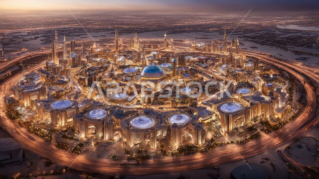 The concept of developing and improving infrastructure, building a developed civilized future in the city of Dubai, modern commercial buildings and facilities, an imaginary view of urban progress and growth, designs and architectural arts of towers and skyscrapers in the United Arab Emirates