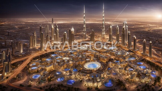 بناء مستقبل حضاري متطور في مدينة دبي، المباني والمنشآت التجارية الحديثة، مفهوم تطوير وتحسين البنية التحتية، منظر تخيلي للتقدم والنمو العمراني، التصاميم والفنون المعمارية للأبراج وناطحات السحاب في الامارات العربية المتحدة