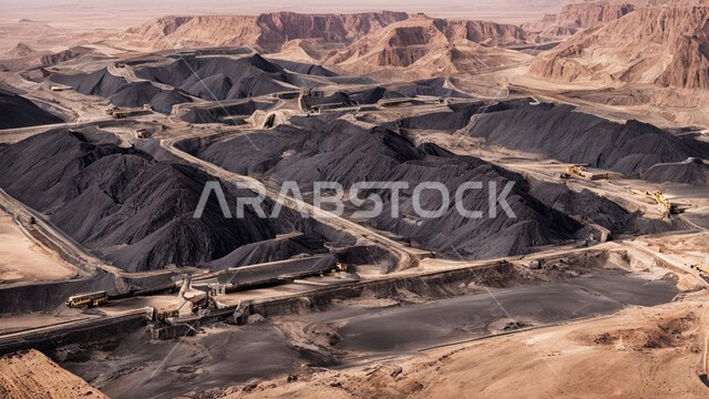 أماكن مناجم الفحم الطبيعي، مناطق التنقيب عن الثروات الباطنية، الطبيعة الصخرية وتضاريس السلاسل الجبلية، المرتفعات وقمم الجبال في المملكة العربية السعودية، مجموعة من سيارات الشحن الكبيرة تقوم بالعمل في موقع التعدين، التخلص من الأتربة والصخور ونقلها بعيدا