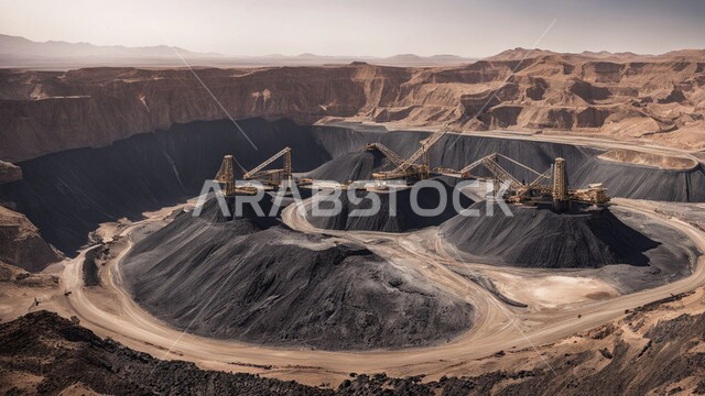 أماكن مناجم الفحم الطبيعي، مناطق التنقيب عن الثروات الباطنية، الطبيعة الصخرية وتضاريس السلاسل الجبلية، المرتفعات وقمم الجبال في المملكة العربية السعودية، مجموعة من سيارات الشحن الكبيرة تقوم بالعمل في موقع التعدين، التخلص من الأتربة والصخور ونقلها بعيدا