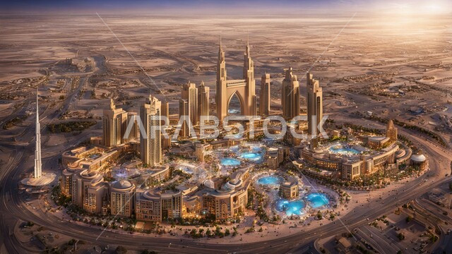 المباني والمنشآت التجارية الحديثة، بناء مستقبل حضاري متطور في مدينة دبي، مفهوم تطوير وتحسين البنية التحتية، منظر تخيلي للتقدم والنمو العمراني، التصاميم والفنون المعمارية للأبراج وناطحات السحاب في الامارات العربية المتحدة