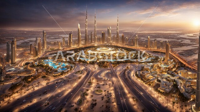 بناء مستقبل حضاري متطور في مدينة دبي، مفهوم تطوير وتحسين البنية التحتية، منظر تخيلي للتقدم والنمو العمراني، المباني والمنشآت التجارية الحديثة المضيئة ليلا، التصاميم والفنون المعمارية للأبراج وناطحات السحاب في الامارات العربية المتحدة