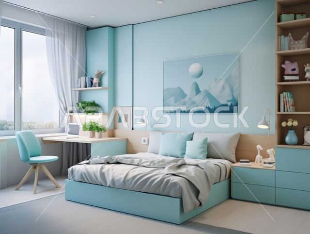 Elegant interior home furniture and accessories, interior design of homes and houses in blue, bedroom with modern contemporary designs, luxury residential apartments and villas, hotels and resorts with high-end decorations in the Kingdom of Saudi Arabia, windows and glass facades