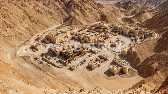 مناطق التنقيب عن الثروات الباطنية الخام، أماكن مناجم الذهبالطبيعي، الطبيعة الصخرية وتضاريس السلاسل الجبلية، المرتفعات وقمم الجبال في المملكة العربية السعودية، عدد من السيارات والآليات الثقيلة تقوم بالحفر والعمل في موقع التعدين، نقل الأتربة بواسطة الشاحنات