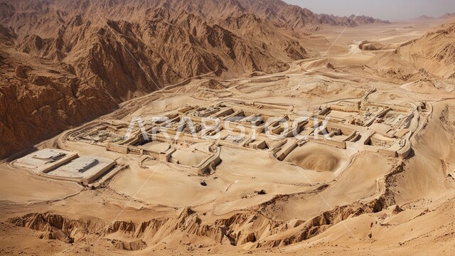 مناطق التنقيب عن الثروات الباطنية الخام، أماكن مناجم الذهبالطبيعي، الطبيعة الصخرية وتضاريس السلاسل الجبلية، المرتفعات وقمم الجبال في المملكة العربية السعودية، عدد من السيارات والآليات الثقيلة تقوم بالحفر والعمل في موقع التعدين، نقل الأتربة بواسطة الشاحنات