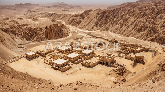 مناطق التنقيب عن الثروات الباطنية الخام، أماكن مناجم الذهبالطبيعي، الطبيعة الصخرية وتضاريس السلاسل الجبلية، المرتفعات وقمم الجبال في المملكة العربية السعودية، عدد من السيارات والآليات الثقيلة تقوم بالحفر والعمل في موقع التعدين، نقل الأتربة بواسطة الشاحنات
