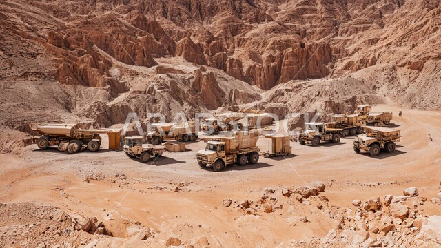 مناطق التنقيب عن الثروات الباطنية، أماكن مناجم الفحم الطبيعي، الطبيعة الصخرية وتضاريس السلاسل الجبلية، المرتفعات وقمم الجبال في المملكة العربية السعودية، سيارة شحن كبيرة تقوم بالعمل في موقع التعدين، التخلص من الأتربة والصخور ونقلها بعيدا