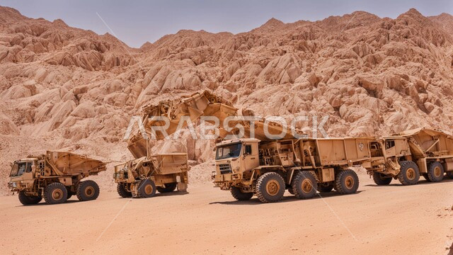 Mineral exploration areas, natural coal mine locations, rocky nature and terrain of mountain ranges, highlands and mountain peaks in the Kingdom of Saudi Arabia, a large cargo truck working at the mining site, removing dirt and rocks and transporting them away