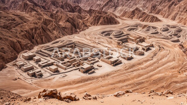 المرتفعات وقمم الجبال في المملكة العربية السعودية، سيارات شحن كبيرة تقوم بالعمل في موقع التعدين، أماكن مناجم الفحم الطبيعي، مناطق التنقيب عن الثروات الباطنية، الطبيعة الصخرية وتضاريس السلاسل الجبلية