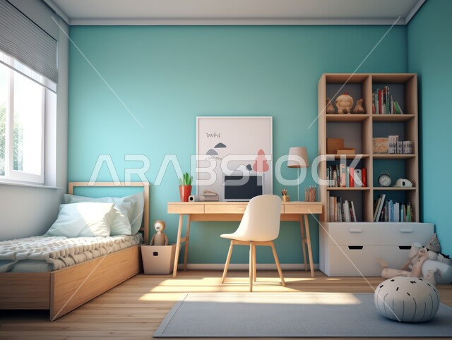Elegant interior home furniture and accessories, interior design of homes and houses in blue, bedroom with modern contemporary designs, luxury residential apartments and villas, hotels and resorts with high-end decorations in the Kingdom of Saudi Arabia, windows and glass facades