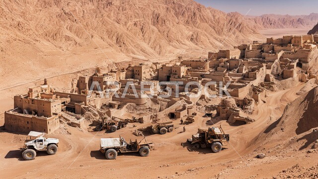 مناطق التنقيب عن الثروات الباطنية، أماكن مناجم الفحم الطبيعي، الطبيعة الصخرية وتضاريس السلاسل الجبلية، المرتفعات وقمم الجبال في المملكة العربية السعودية، سيارة شحن كبيرة تقوم بالعمل في موقع التعدين، التخلص من الأتربة والصخور ونقلها بعيدا