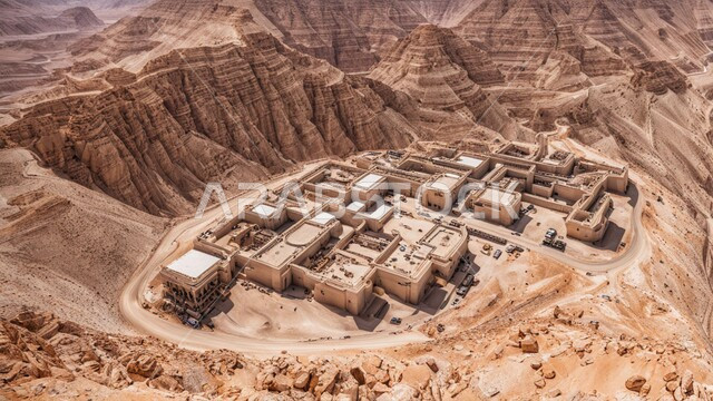 المرتفعات وقمم الجبال في المملكة العربية السعودية، سيارات شحن كبيرة تقوم بالعمل في موقع التعدين، أماكن مناجم الفحم الطبيعي، مناطق التنقيب عن الثروات الباطنية، الطبيعة الصخرية وتضاريس السلاسل الجبلية