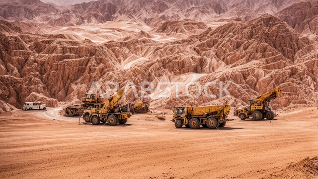 Mineral exploration areas, natural coal mine locations, rocky nature and terrain of mountain ranges, highlands and mountain peaks in the Kingdom of Saudi Arabia, a large cargo truck working at the mining site, removing dirt and rocks and transporting them away