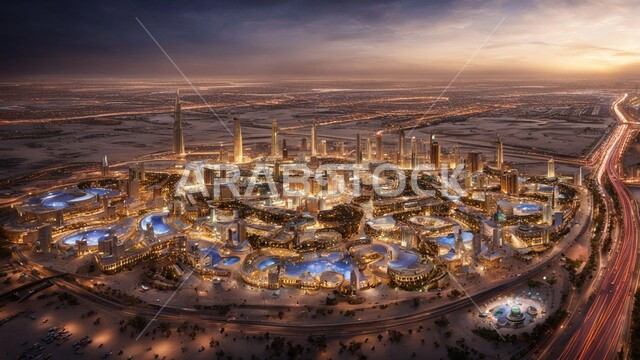 Building a civilized and advanced future in Dubai, modern commercial buildings and facilities, the concept of developing and improving infrastructure, an imaginary view of urban progress and growth, designs and architectural arts of towers and skyscrapers in the United Arab Emirates