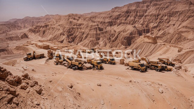 مناطق التنقيب عن الثروات الباطنية، أماكن مناجم الفحم الطبيعي، الطبيعة الصخرية وتضاريس السلاسل الجبلية، المرتفعات وقمم الجبال في المملكة العربية السعودية، سيارة شحن كبيرة تقوم بالعمل في موقع التعدين، التخلص من الأتربة والصخور ونقلها بعيدا