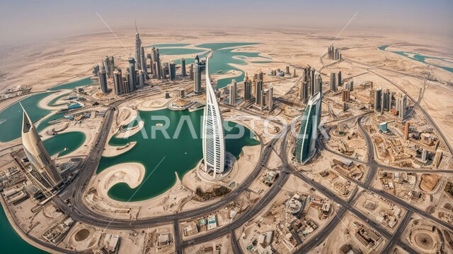 تحسين وتطوير البنية التحتية، الفنون والتصاميم المعمارية الحديثة للأبراج وناطحات السحاب في الامارات العربية المتحدة، بناء مستقبل حضاري متطور في دبي، منظر تخيلي مستقبلي للتقدم والنمو العمراني، المباني والمنشآت التجارية الشاهقة المطلة على البحر