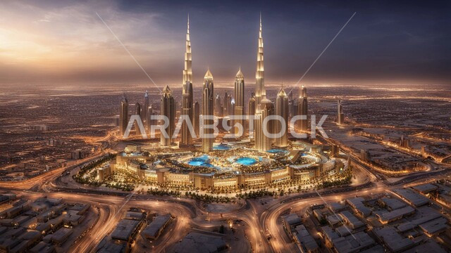 مفهوم تطوير وتحسين البنية التحتية، بناء مستقبل حضاري متطور في مدينة دبي، المباني والمنشآت التجارية الحديثة، منظر تخيلي للتقدم والنمو العمراني، التصاميم والفنون المعمارية للأبراج وناطحات السحاب في الامارات العربية المتحدة