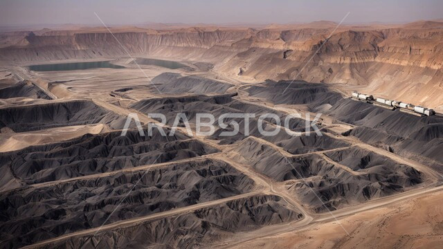 أماكن مناجم الفحم الطبيعي، مناطق التنقيب عن الثروات الباطنية، الطبيعة الصخرية وتضاريس السلاسل الجبلية، المرتفعات وقمم الجبال في المملكة العربية السعودية، مجموعة من سيارات الشحن الكبيرة تقوم بالعمل في موقع التعدين، التخلص من الأتربة والصخور ونقلها بعيدا