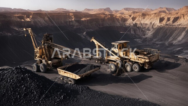 أماكن مناجم الفحم الطبيعي، مناطق التنقيب عن الثروات الباطنية، الطبيعة الصخرية وتضاريس السلاسل الجبلية، المرتفعات وقمم الجبال في المملكة العربية السعودية، مجموعة من سيارات الشحن الكبيرة تقوم بالعمل في موقع التعدين، التخلص من الأتربة والصخور ونقلها بعيدا